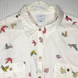 Jaclyn Smith Whimsical Colorful Bird Print Button Front SHIRT-Roll Tab Sleeve-XL